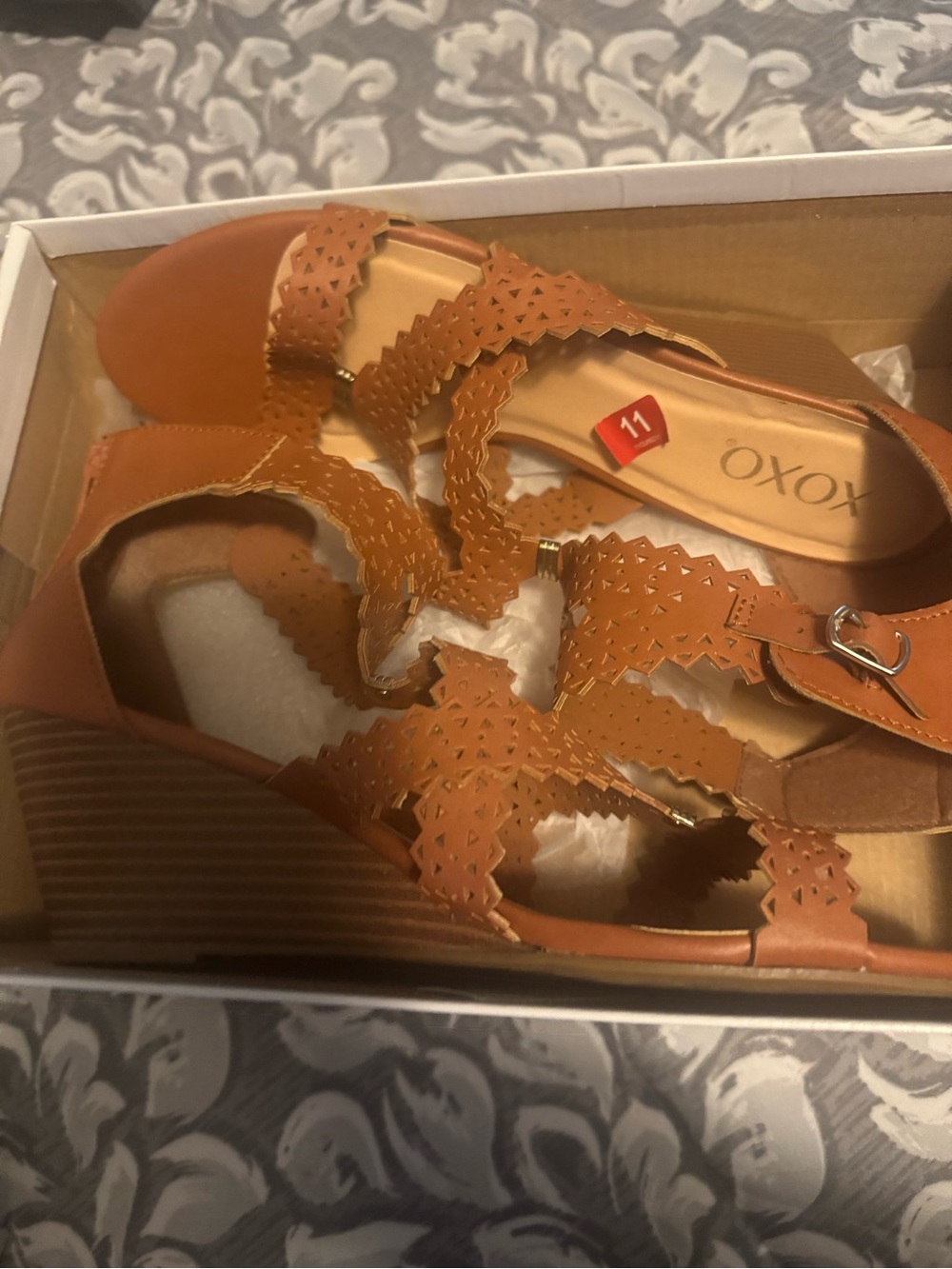 Oxo Cognac Laser-Cut Wedge Sandals